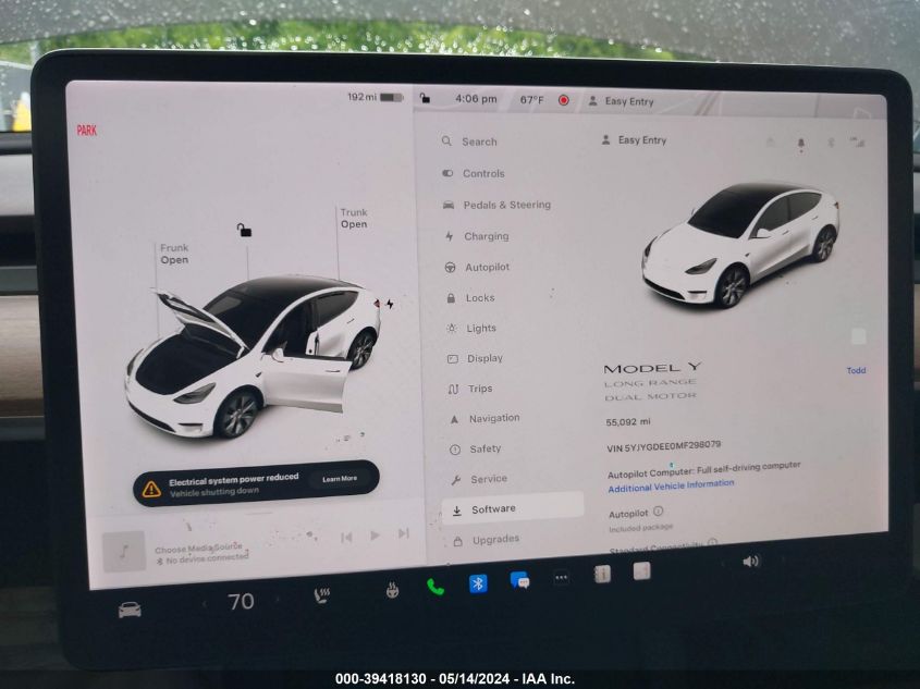 2021 Tesla Model Y Long Range Dual Motor All-Wheel Drive VIN: 5YJYGDEE0MF298079 Lot: 39418130