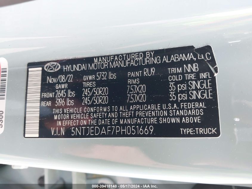 2023 Hyundai Santa Cruz Limited VIN: 5NTJEDAF7PH051669 Lot: 39418148