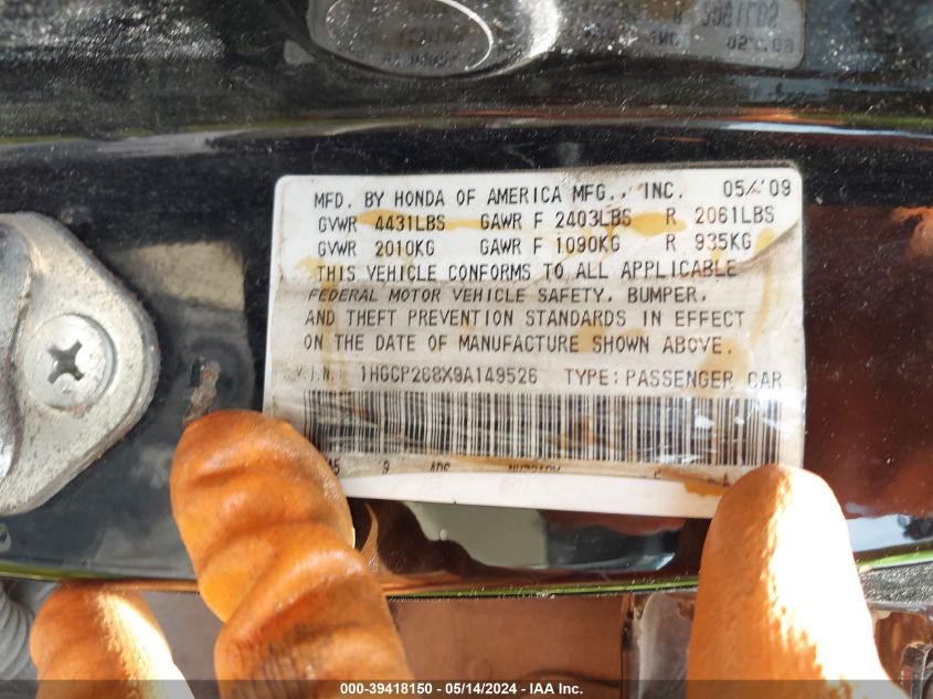 2009 Honda Accord Exl VIN: 1HGCP268X9A149526 Lot: 39418150