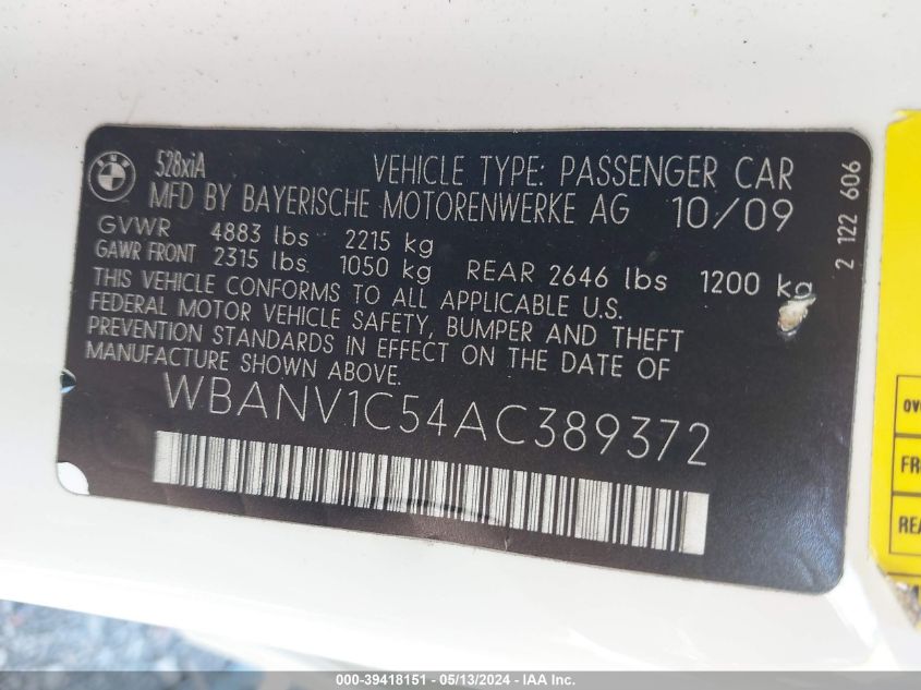 2010 BMW 528I xDrive VIN: WBANV1C54AC389372 Lot: 39418151