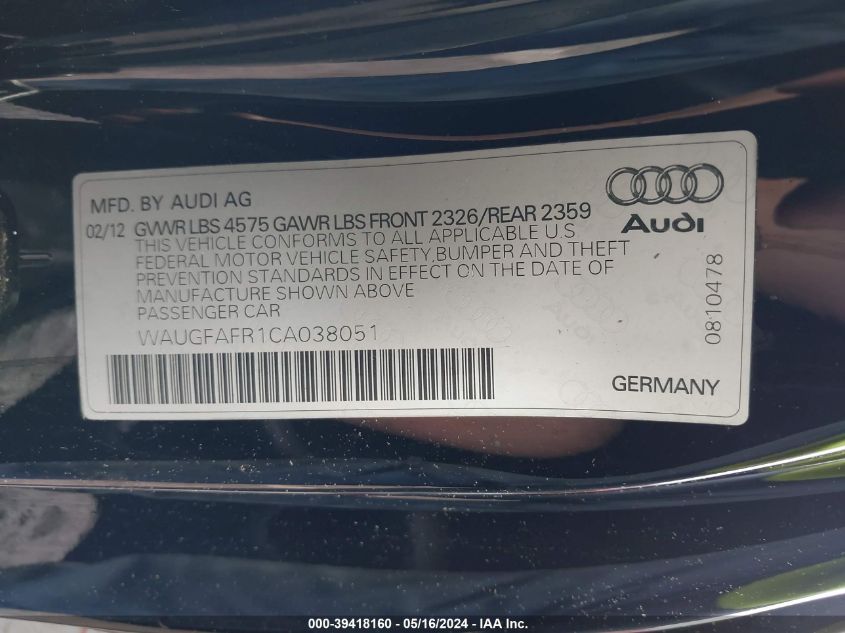2012 Audi A5 2.0T Premium VIN: WAUGFAFR1CA038051 Lot: 39418160