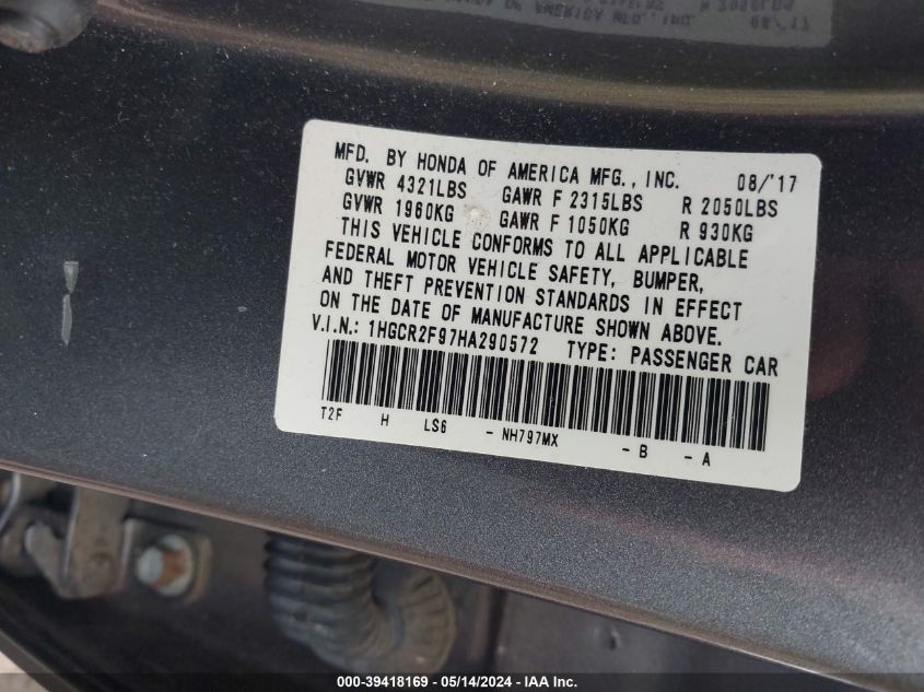 2017 HONDA ACCORD EX-L - 1HGCR2F97HA290572