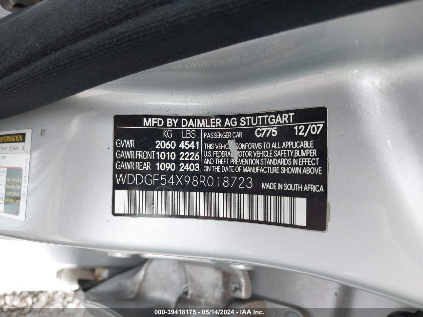 2008 Mercedes-Benz C 300 Luxury/Sport VIN: WDDGF54X98R018723 Lot: 39418175