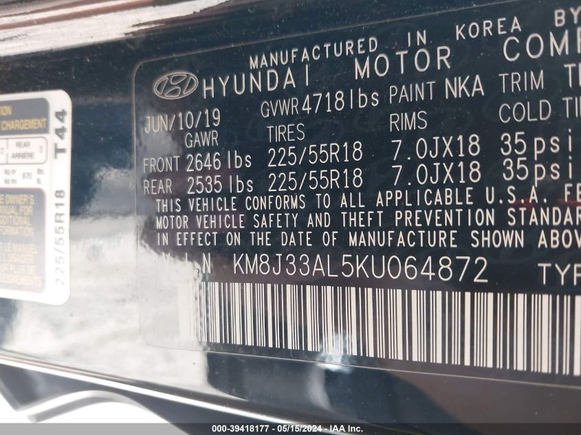 2019 Hyundai Tucson Sel VIN: KM8J33AL5KU064872 Lot: 39418177