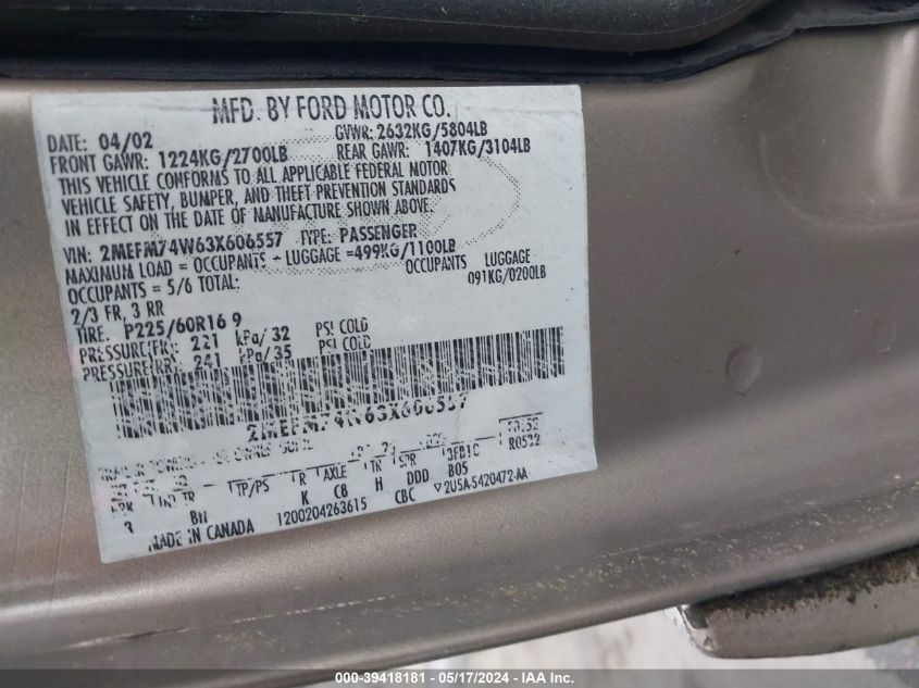 2003 Mercury Grand Marquis Gs VIN: 2MEFM74W63X606557 Lot: 39418181