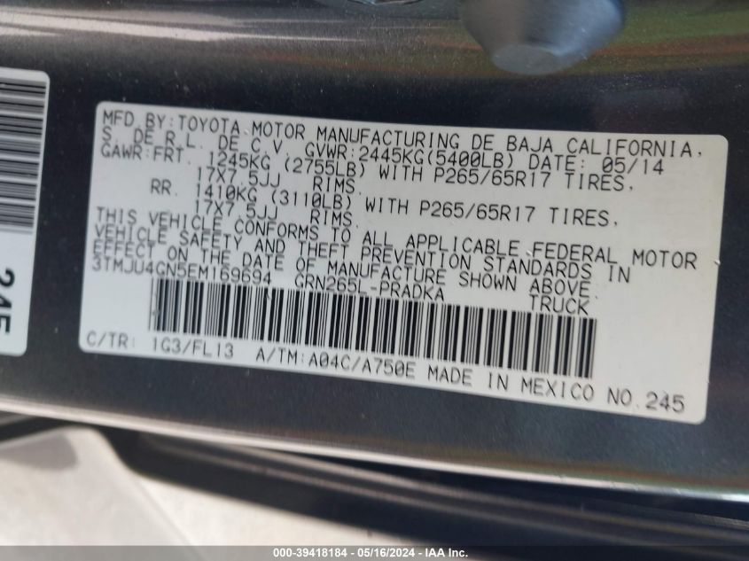 2014 Toyota Tacoma Prerunner V6 VIN: 3TMJU4GN5EM169694 Lot: 39418184