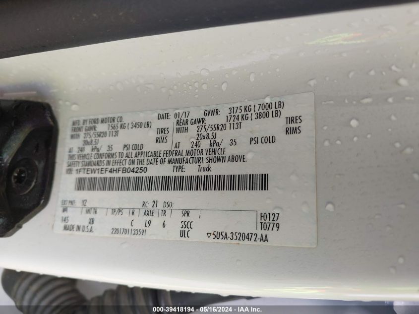 2017 Ford F-150 Xlt VIN: 1FTEW1EF4HFB04250 Lot: 39418194