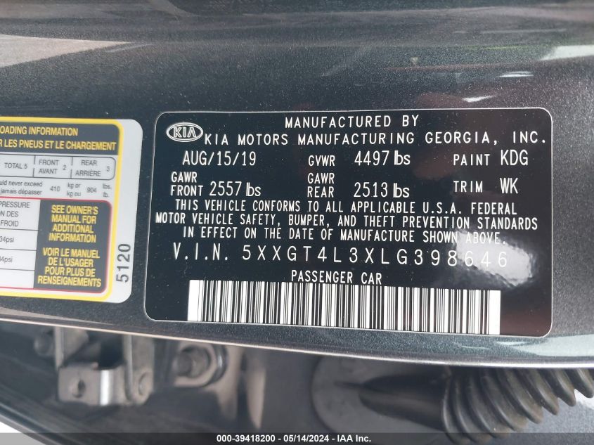 2020 Kia Optima Lx VIN: 5XXGT4L3XLG398646 Lot: 39418200