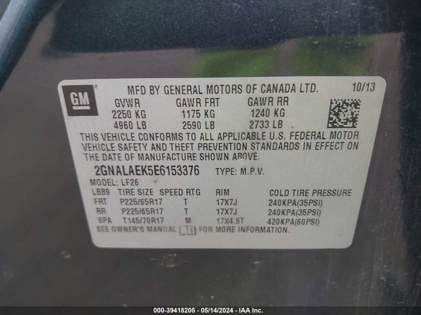 2014 Chevrolet Equinox Ls VIN: 2GNALAEK5E6153376 Lot: 39418205