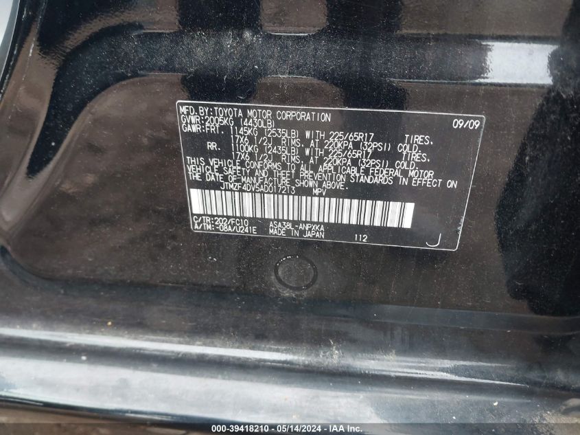 2010 Toyota Rav4 VIN: JTMZF4DV5AD017213 Lot: 39418210