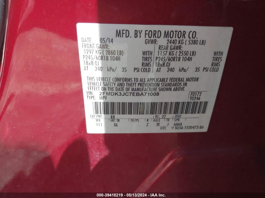 2014 Ford Edge Sel VIN: 2FMDK3JC7EBA71008 Lot: 39418219