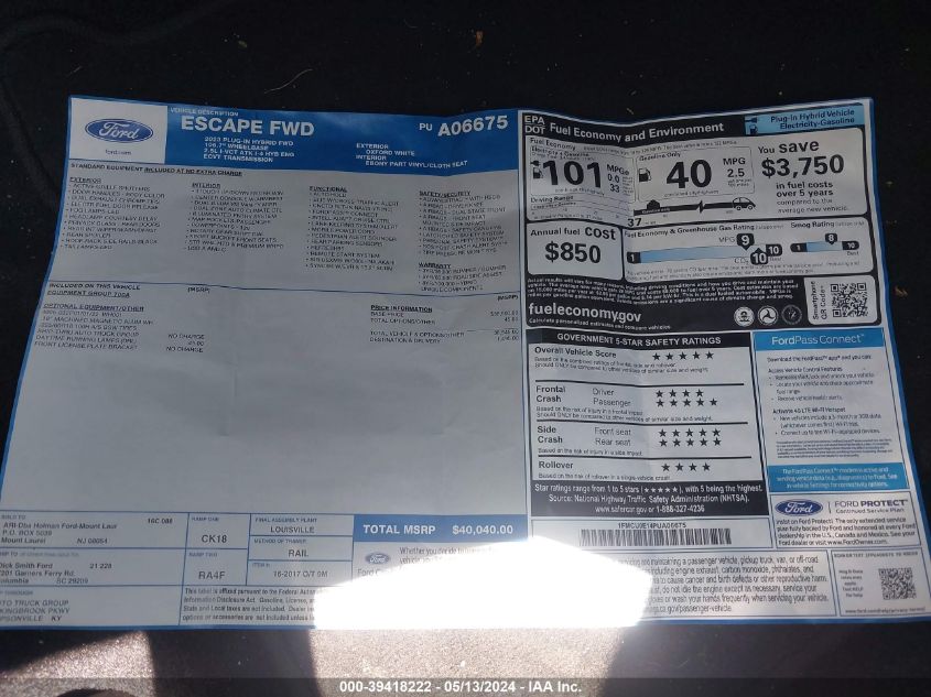 2023 Ford Escape Phev VIN: 1FMCU0E14PUA06675 Lot: 39418222