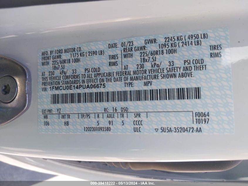 2023 Ford Escape Phev VIN: 1FMCU0E14PUA06675 Lot: 39418222