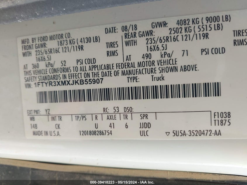 VIN 1FTYR3XMXJKB55907 2018 FORD TRANSIT-250 T-250