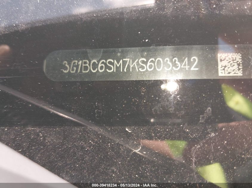 2019 Chevrolet Cruze Ls VIN: 3G1BC6SM7KS603342 Lot: 39418234