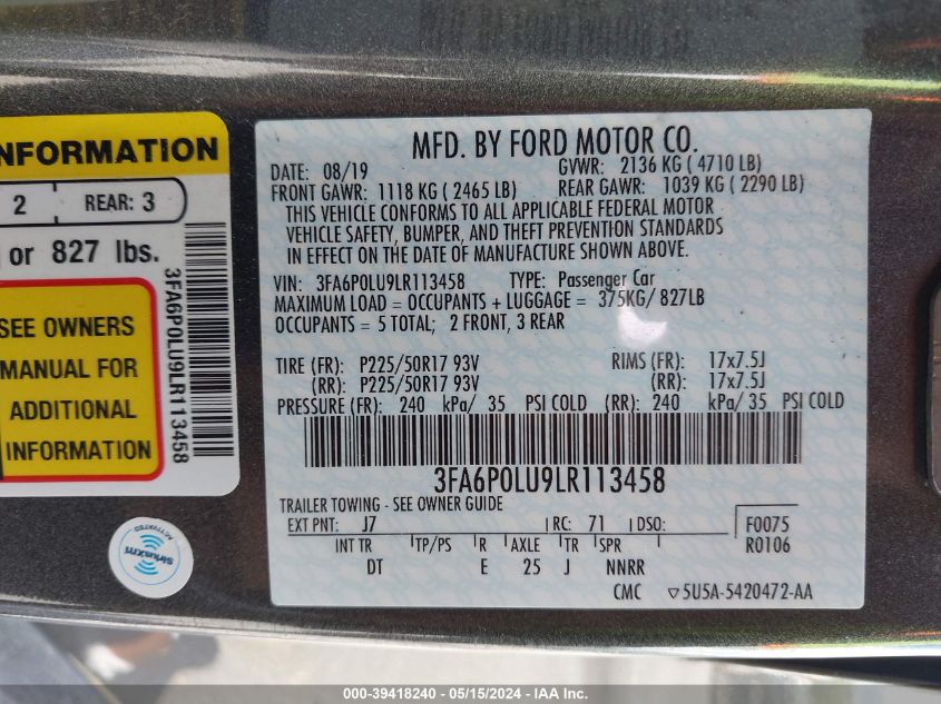 2020 Ford Fusion Hybrid Se VIN: 3FA6P0LU9LR113458 Lot: 39418240