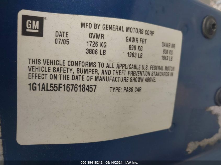 2006 Chevrolet Cobalt Lt VIN: 1G1AL55F167618457 Lot: 39418242