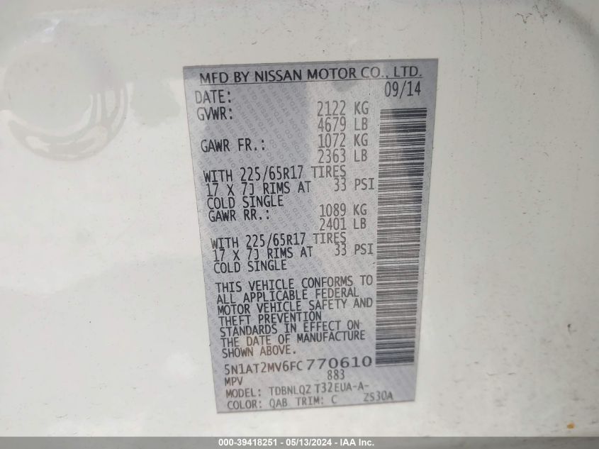 2015 Nissan Rogue Sv VIN: 5N1AT2MV6FC770610 Lot: 39418251