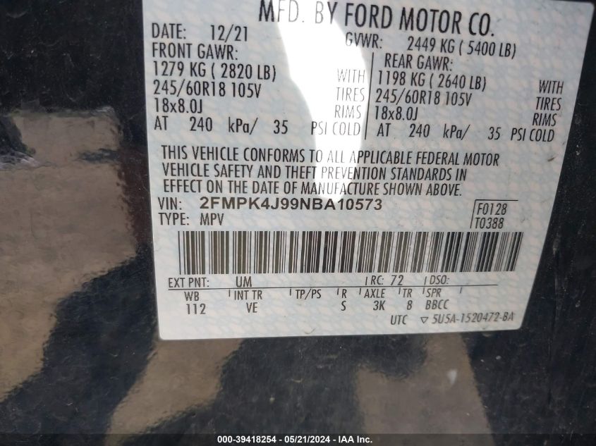 2022 Ford Edge Sel VIN: 2FMPK4J99NBA10573 Lot: 39418254