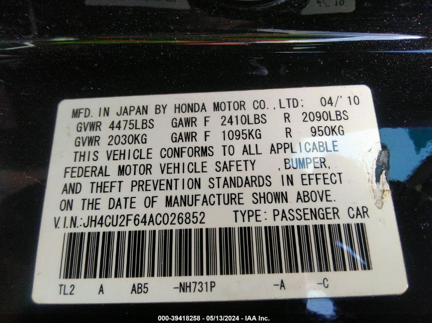 2010 Acura Tsx 2.4 VIN: JH4CU2F64AC026852 Lot: 39418258