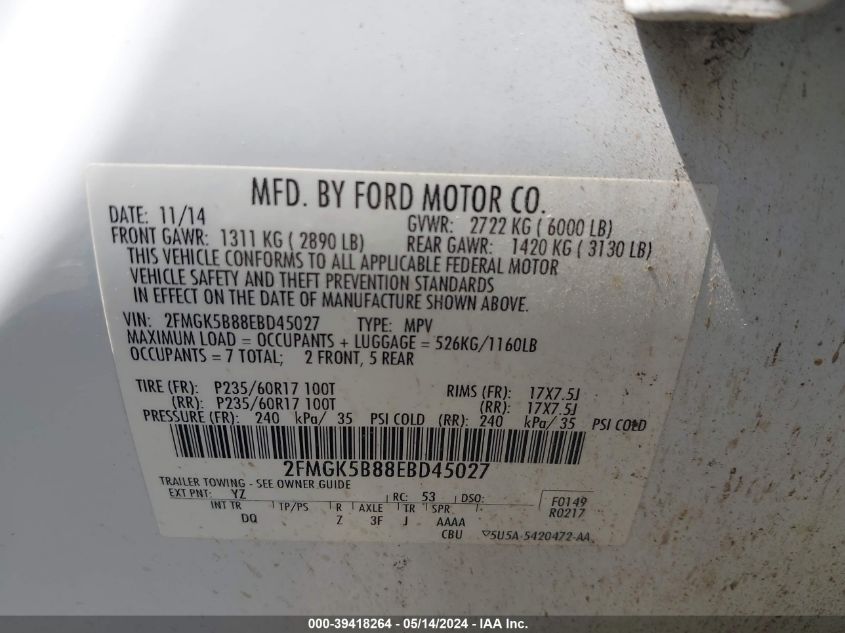 2014 Ford Flex Se VIN: 2FMGK5B88EBD45027 Lot: 39418264