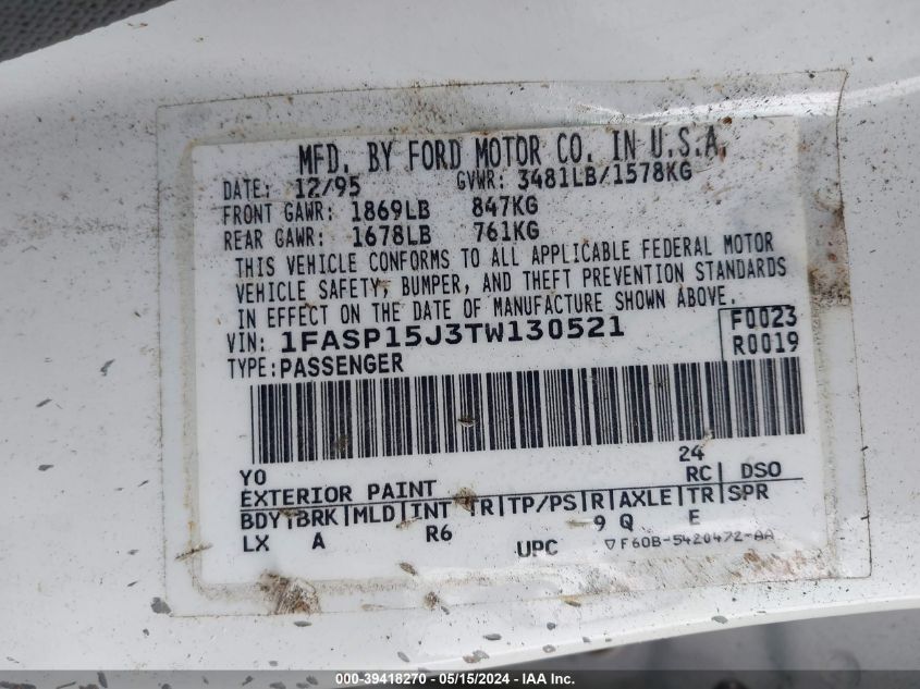 1996 Ford Escort Lx VIN: 1FASP15J3TW130521 Lot: 39418270