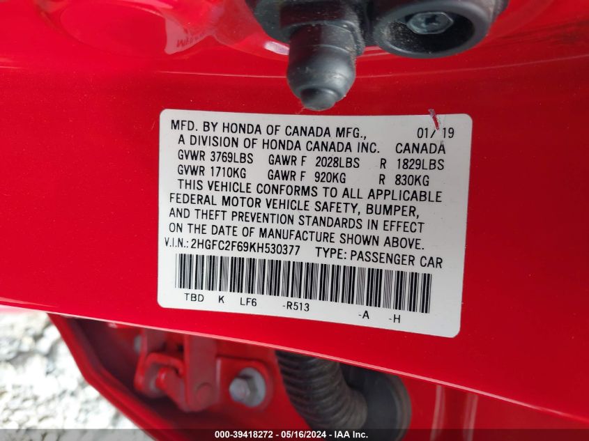 2019 Honda Civic Lx VIN: 2HGFC2F69KH530377 Lot: 39418272