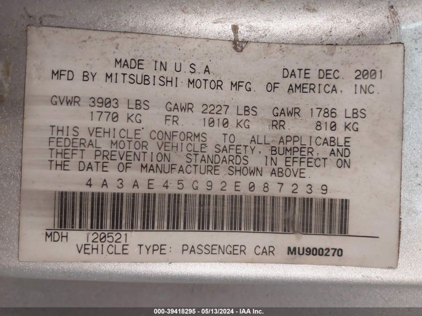 2002 Mitsubishi Eclipse Spyder Gs VIN: 4A3AE45G92E087239 Lot: 39418295