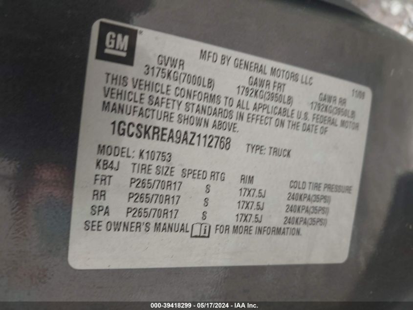 2010 Chevrolet Silverado 1500 Ls VIN: 1GCSKREA9AZ112768 Lot: 39418299