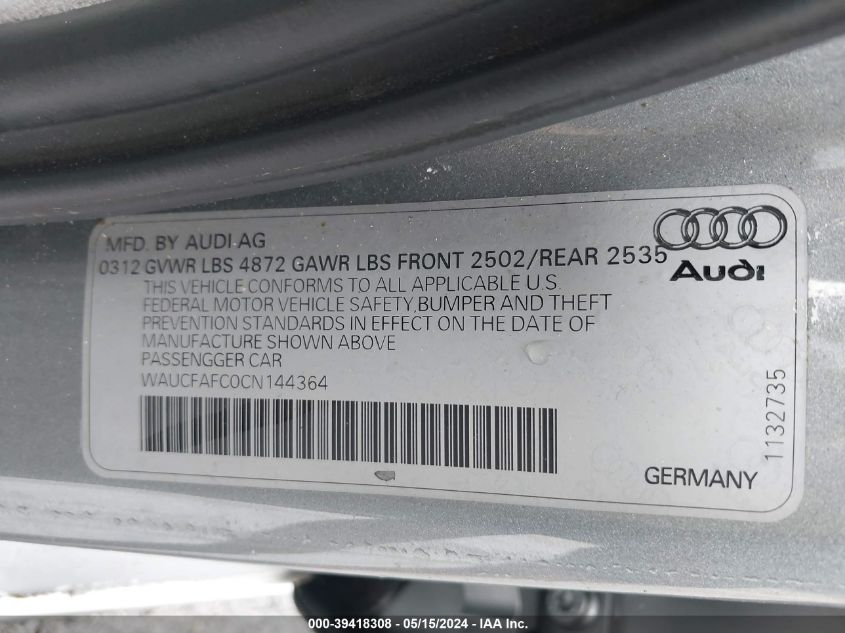 2012 Audi A6 2.0T Premium VIN: WAUCFAFC0CN144364 Lot: 39418308