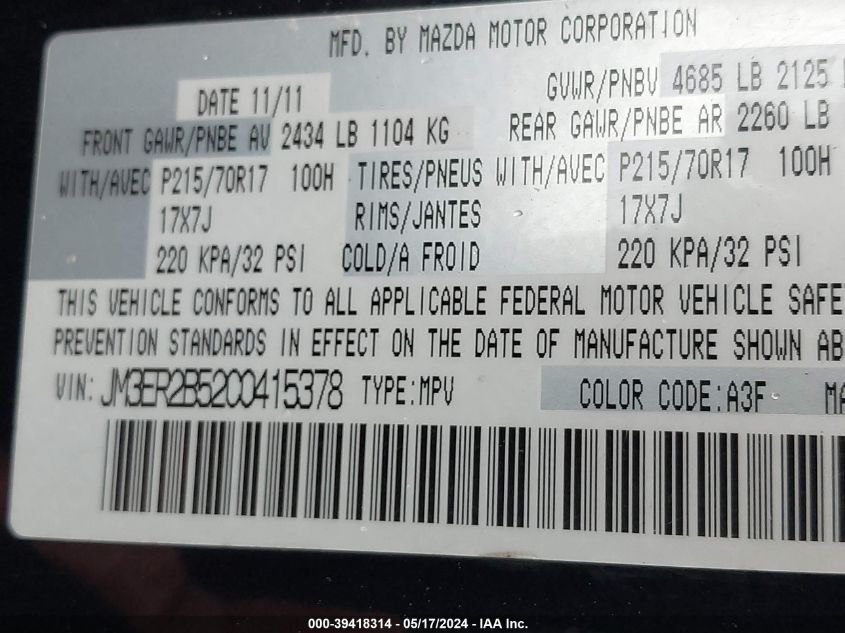2012 Mazda Cx-7 VIN: JM3ER2B52C0415378 Lot: 39418314