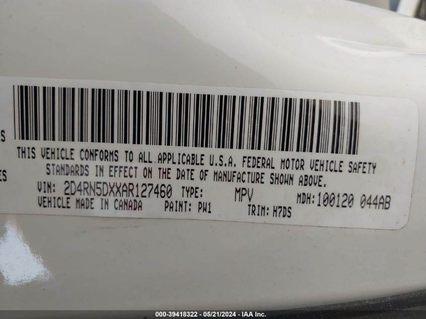 2010 Dodge Grand Caravan Sxt VIN: 2D4RN5DXXAR127460 Lot: 39418322