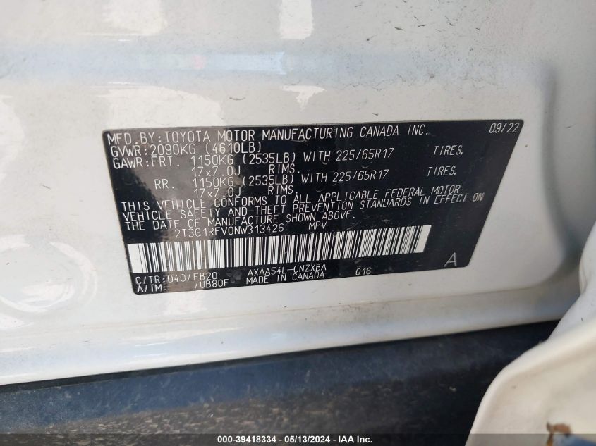 2022 Toyota Rav4 Le VIN: 2T3G1RFV0NW313426 Lot: 39418334