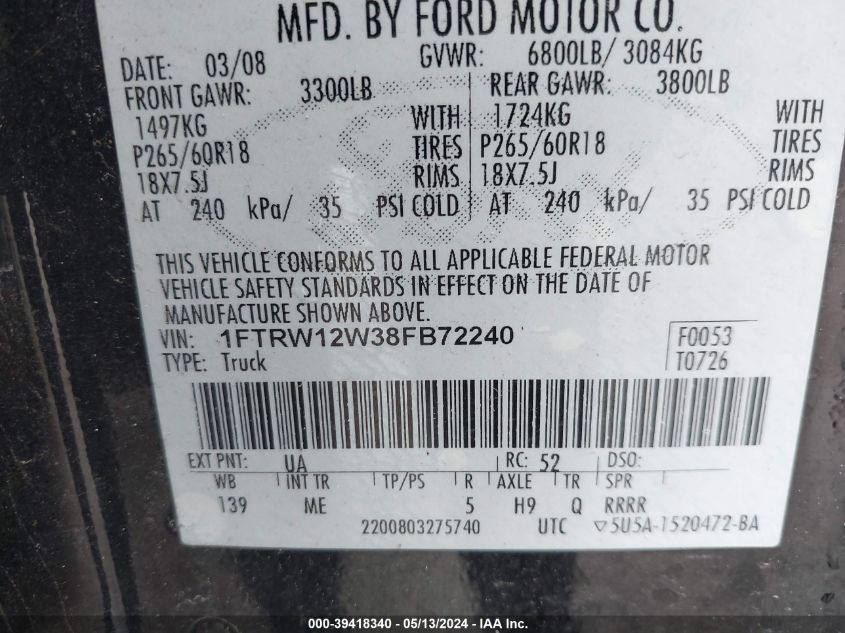 2008 Ford F-150 Xl/Xlt VIN: 1FTRW12W38FB72240 Lot: 39418340