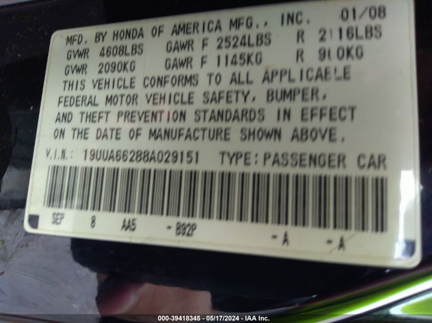 2008 Acura Tl 3.2 VIN: 19UUA66288A029151 Lot: 39418345