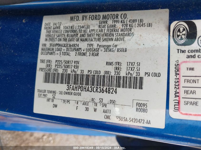 2012 Ford Fusion Se VIN: 3FAHP0HA3CR364824 Lot: 39418349