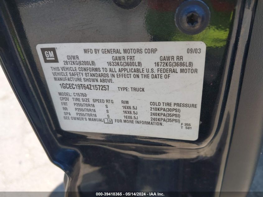 2004 Chevrolet Silverado 1500 VIN: 1GCEC19T64Z157257 Lot: 39418365
