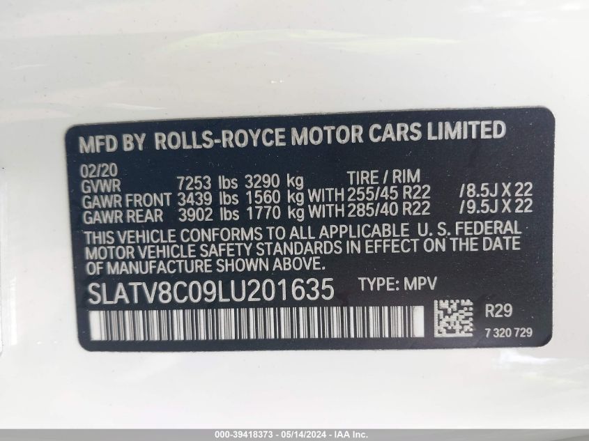 2020 Rolls-Royce Cullinan VIN: SLATV8C09LU201635 Lot: 39418373