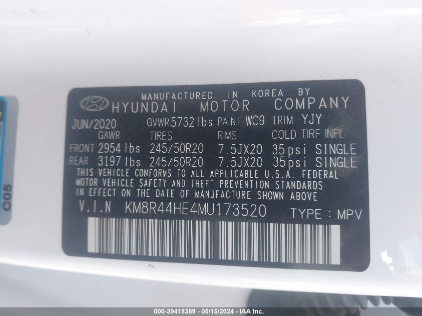 2021 Hyundai Palisade Sel VIN: KM8R44HE4MU173520 Lot: 39418389