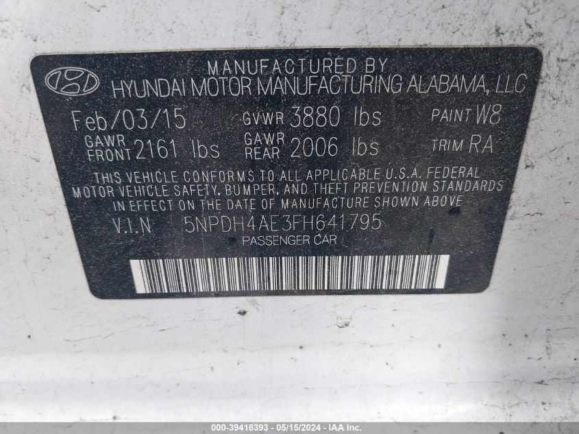 2015 Hyundai Elantra Se VIN: 5NPDH4AE3FH641795 Lot: 39418393