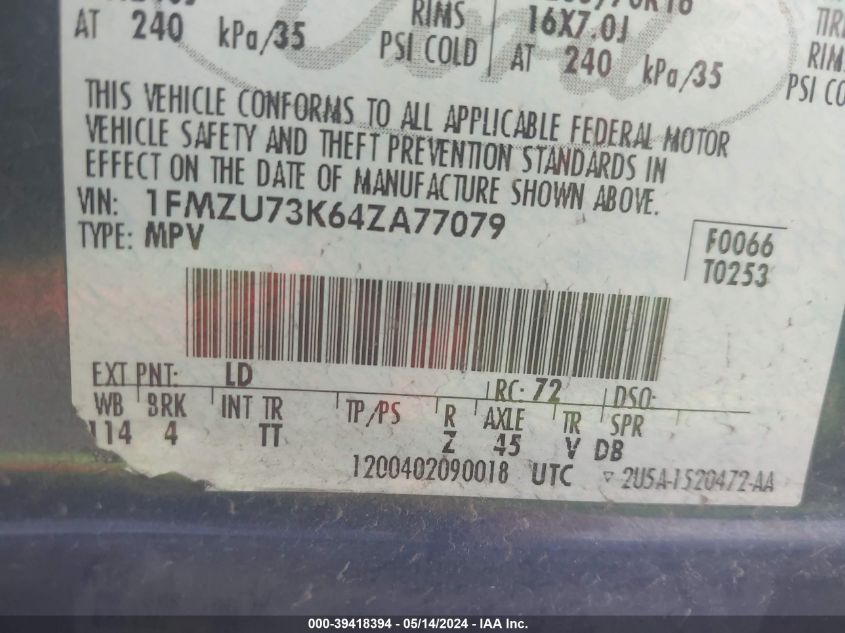 2004 Ford Explorer Nbx/Xlt VIN: 1FMZU73K64ZA77079 Lot: 39418394