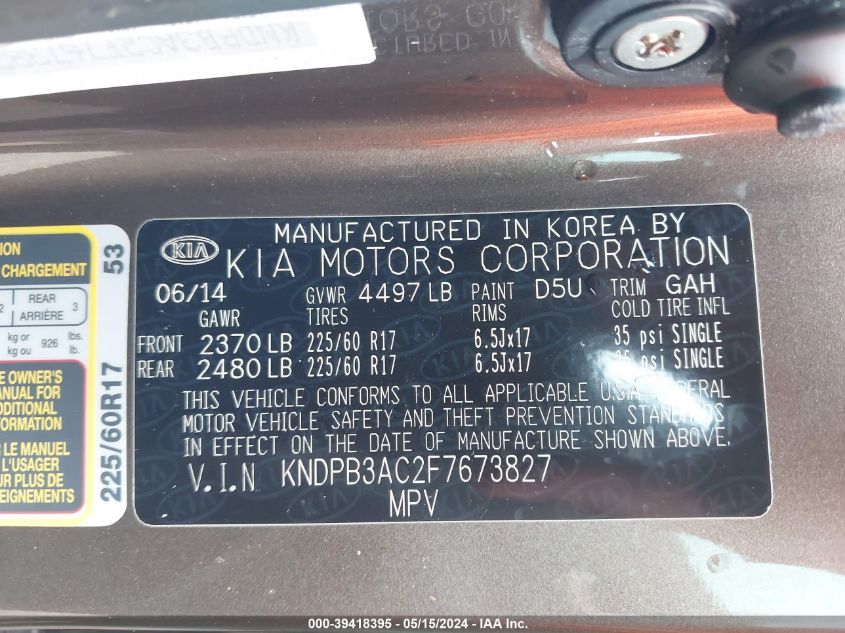 2015 Kia Sportage Lx VIN: KNDPB3AC2F7673827 Lot: 39418395