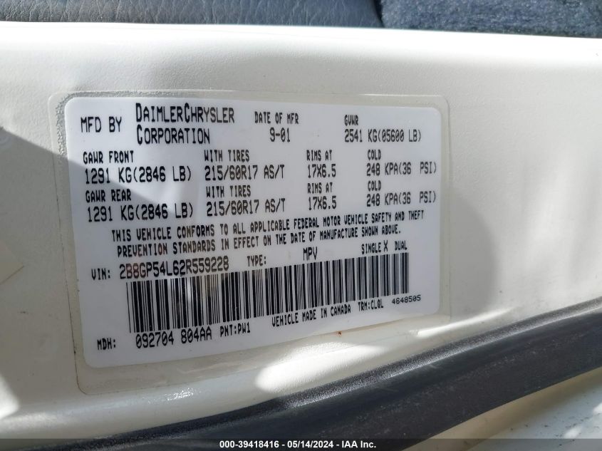 2002 Dodge Grand Caravan Es VIN: 2B8GP54L62R559228 Lot: 39418416