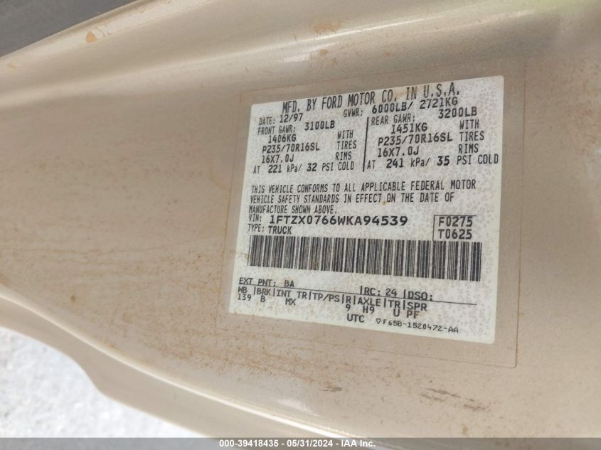1998 Ford F-150 Lariat/Xl/Xlt VIN: 1FTZX0766WKA94539 Lot: 39418435