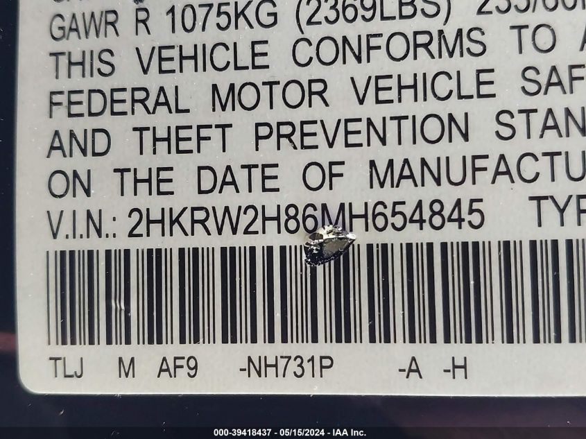 2021 Honda Cr-V Awd Ex-L VIN: 2HKRW2H86MH654845 Lot: 39418437