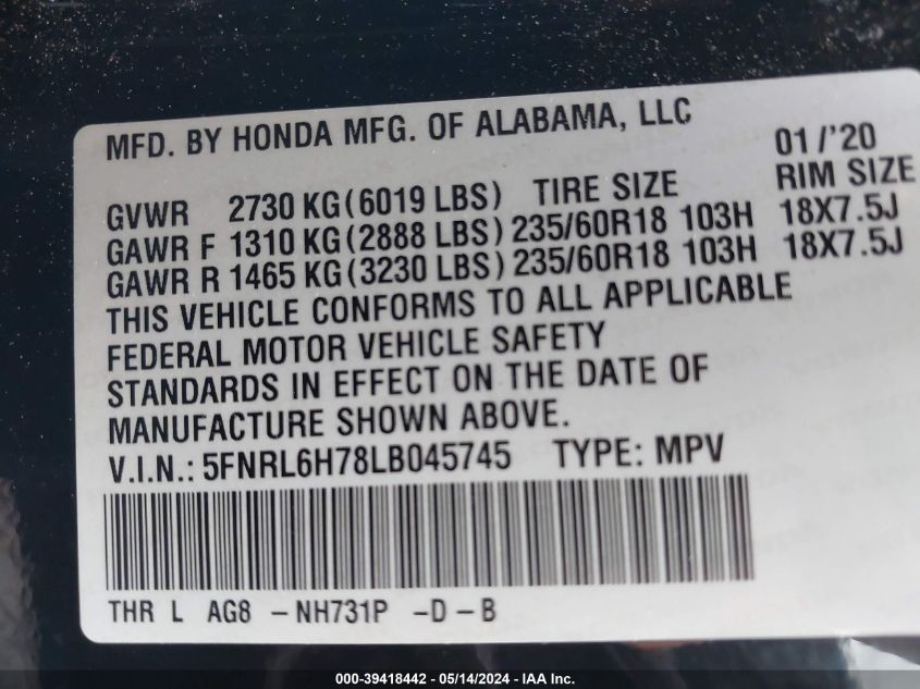 2020 Honda Odyssey Ex-L/Ex-L W/Navi Res VIN: 5FNRL6H78LB045745 Lot: 39418442