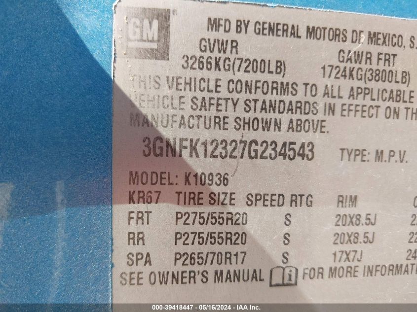 2007 Chevrolet Avalanche 1500 Lt VIN: 3GNFK12327G234543 Lot: 39418447