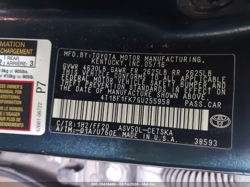 2016 Toyota Camry Se VIN: 4T1BF1FK7GU255958 Lot: 39418468