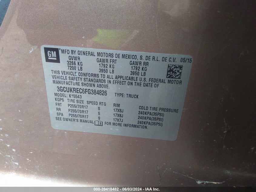 2015 Chevrolet Silverado 1500 1Lt VIN: 3GCUKREC6FG384826 Lot: 39418482