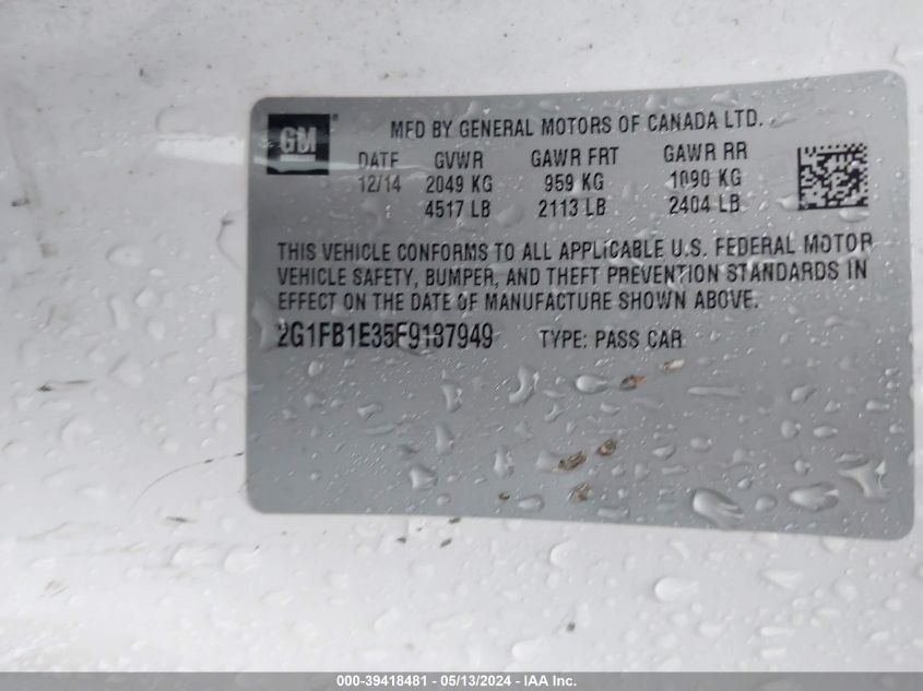 2015 Chevrolet Camaro 2Ls VIN: 2G1FB1E35F9187949 Lot: 39418481